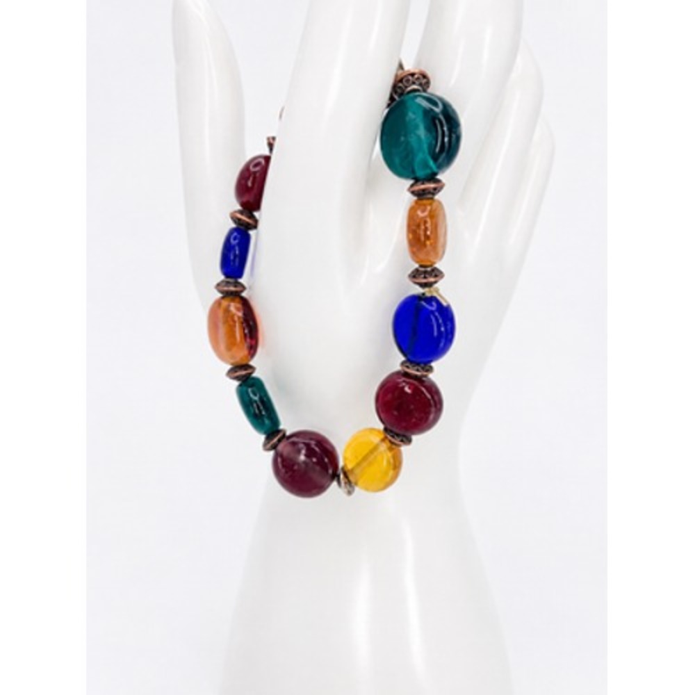 Handmade Lampwork Art Glass Bead Bracelet 7" Multicolor Blue Amber Teal Purple